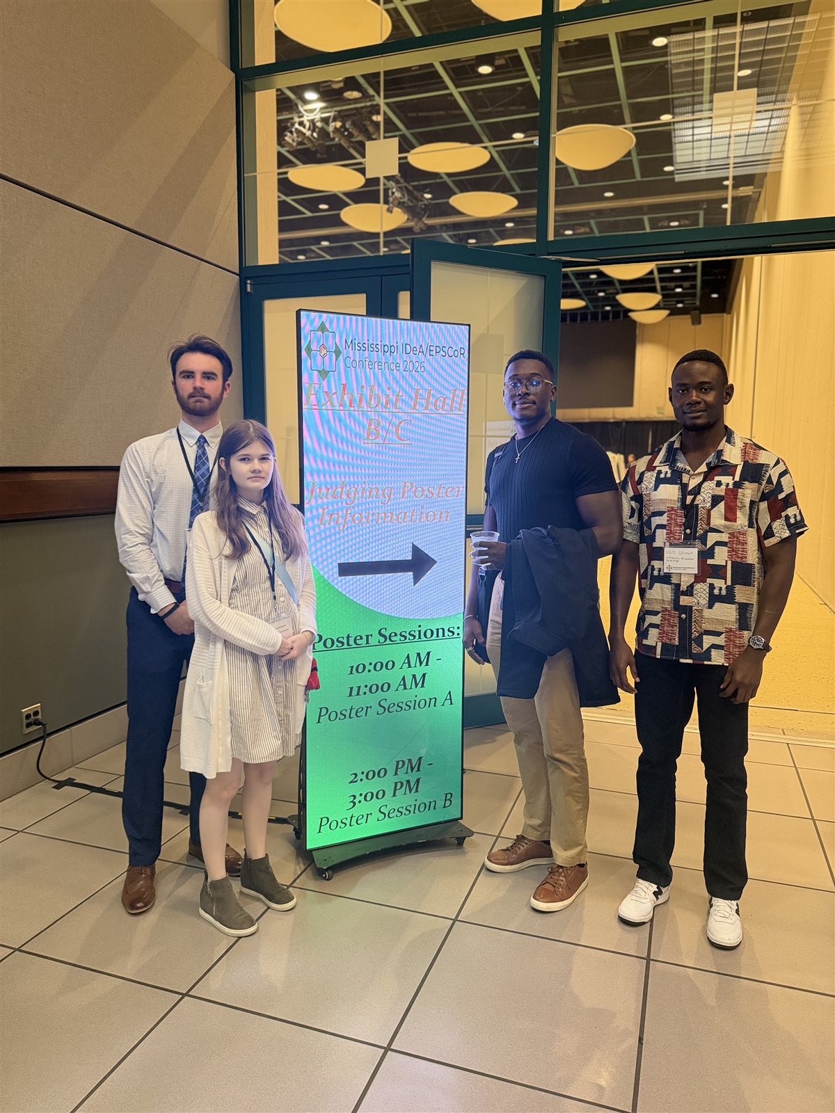 Reed Lambert, Lemly Bumgarner, Godspower Okeke, and Ugochukwu Oduwe at the Mississippi IDeA/EPSCoR Conference 2026